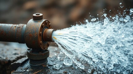 Rustic metal pipe spraying water, a powerful burst of liquid