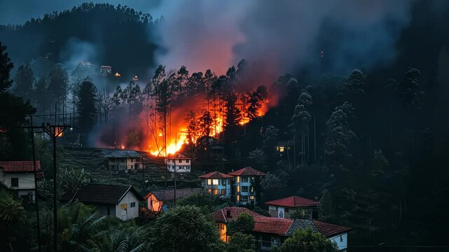 Wildfire Threatens Mountain Village: A dramatic night scene showing a raging wildfire engulfing a hillside, dangerously close to a cluster of homes nestled in a mountain village.
