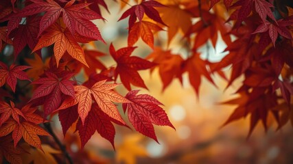 Intricate autumn foliage vibrant red and orange maple leaves in a natural setting