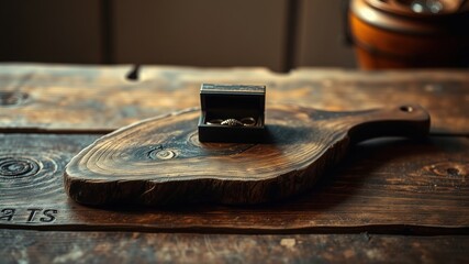 Obraz premium Rustic wooden surface showcasing a small, open jewelry box containing wedding bands