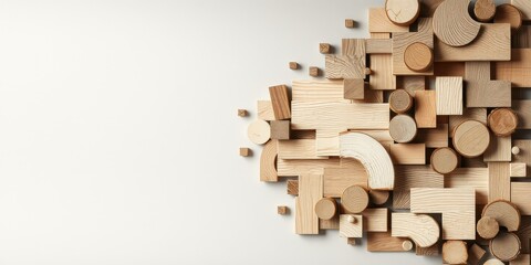 Abstract arrangement of various wooden shapes and sizes on a white background