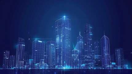 Obraz premium Blue technology line data city background Futuristic Cityscape with Vibrant Light Trails at Dusk Cyberpunk neon city night. futuristic city scene in a style of pixel art.