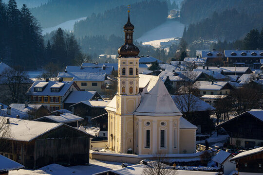 Church of St. Michael in the mountaineering village of Sachrang (Germany, Bavaria)