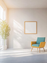 Modern interior design featuring a blue and yellow chair with natural light and plants