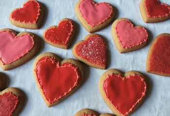 Fototapeta premium A close-up of heart-shaped cookies with pink frosting and sprinkles