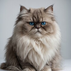 "A fluffy Persian cat with big blue eyes sitting gracefully on a white background."