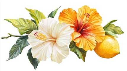 Vibrant Watercolor Hibiscus and Lemon Branch