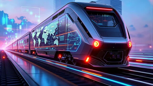 Futuristic train with digital world map graphics on the side