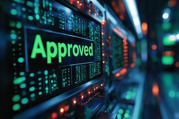 A computer monitor with a green screen that says "Approved" on it. Generative Ai.