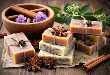 A close-up of natural soap bars with herbs and spices on top
