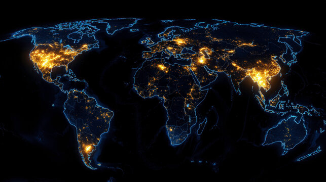 Illuminated World Map at Night Showcasing Urban Areas and Light Pollution with a Dark Background for Global Perspective and Environmental Awareness