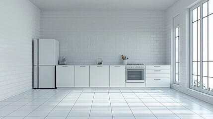 Fototapeta premium Stylish kitchen with white cabinetry and built-in appliances, concrete floor.