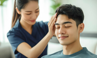 Fototapeta premium Thai head massage therapy. Adult man enjoying head massage