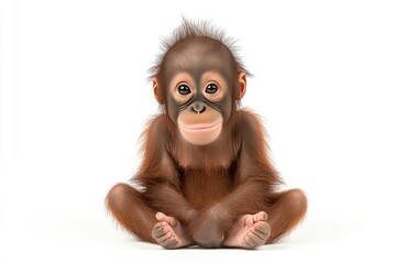 Adorable Baby Orangutan Sitting On White Background