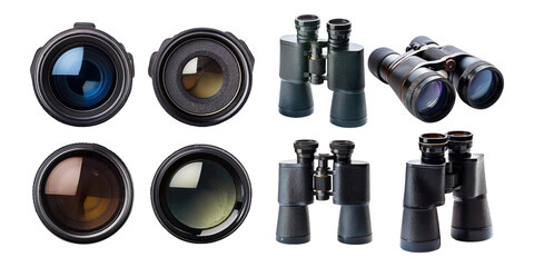 High-Quality Binoculars and Camera Lenses on Transparent Background