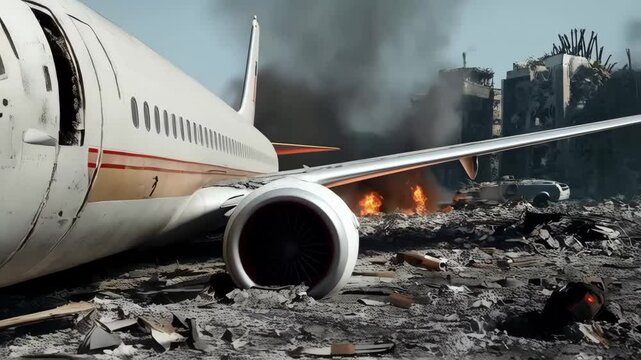 Crashed airplane in ruins. War concept. Footage for news, intro, outro. Outdoor shot.