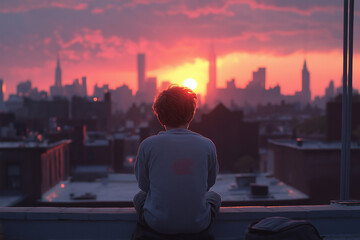 A person is sitting on a ledge overlooking a city at sunset. Generative Ai.