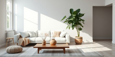 Fototapeta premium Serene Minimalist Living Room Interior Design with Natural Light and Neutral Tones