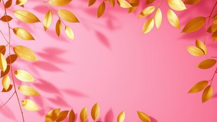 Golden leaves frame on pink background elegant, minimalist design for invitation, greeting card, or announcement.
