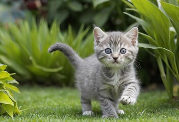 Fototapeta premium A silver cat kitten playing in a garden with flowers in the background