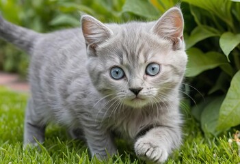 A silver cat kitten playing in a garden with flowers in the background