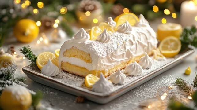Yule log cake that adds a fruity twist to the traditional recipe, bringing together layers of tangy lemon sponge cake with a refreshing lemon curd filling
