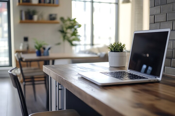 Modern Kitchen Workspace with Laptop and Plants