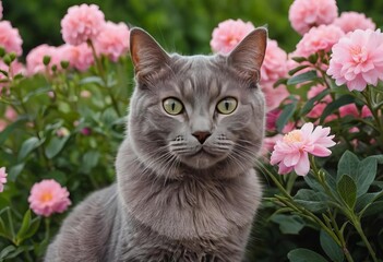 A gray cat sitting in a field of pink flowers during sunset