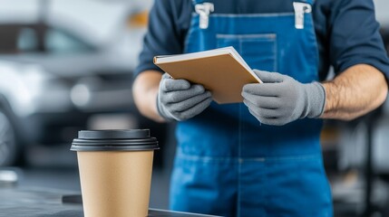 A man in a blue apron is reading a notebook while holding a cup