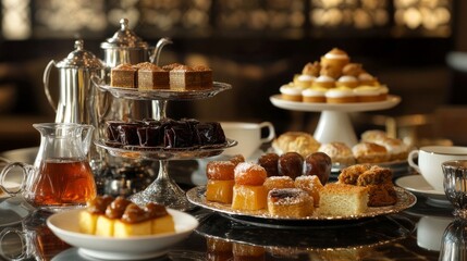 Elegant afternoon tea with assorted pastries and teapots