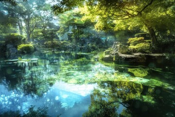 Serene Tranquil Garden Landscape with Reflective Water Surface and Lush Green Foliage in a Peaceful Natural Setting