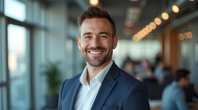 portrait of successful businessman consultant looking at camera and smiling inside modern office building