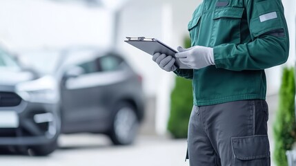 A man in a green jacket is standing next to a car and looking at a clipboard