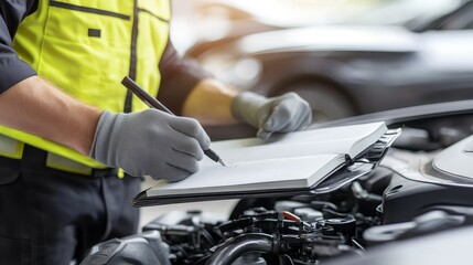 Obraz premium A man in a yellow vest is writing on a notebook while standing next to a car