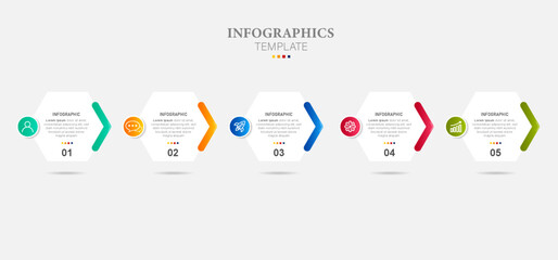 Vector infographic label design template with modern hexagon layout. Business concept with 5 steps, options.