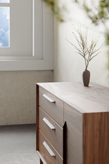 Warm beige tones.
Harmony of natural shadows from sunlight streaming through the window.
3D rendering.