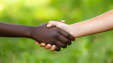 Close-up of two hands, one dark-skinned and one light-skinned, engaging in a firm handshake against a vibrant green background symbolizing unity and friendship.