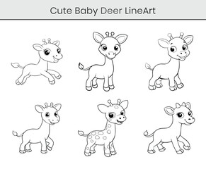 Obraz premium Cute cartoon baby deer vector outline bundle set on white background