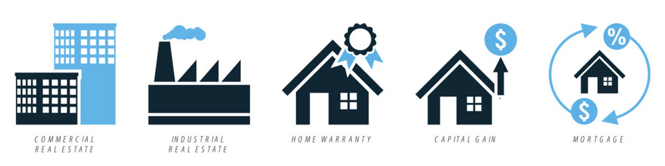 Real estate property, house residential building architecture. Containing commercial and industrial  real estate, home warranty and mortgage vector glyphs pictogram sign icon symbol ui and ux design	
