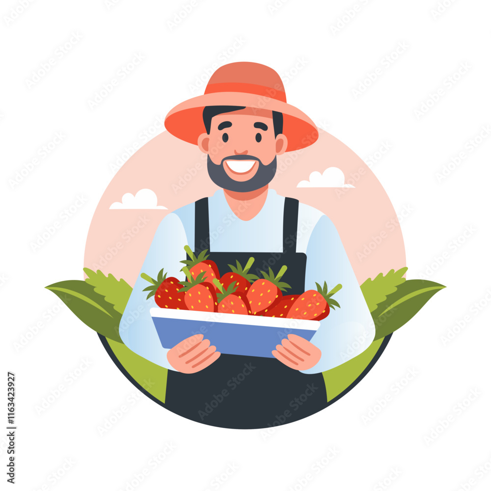 Poster Mexican farmer harvest fresh strawberry, flat style illustration