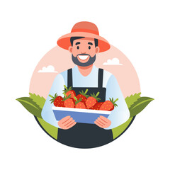 Mexican farmer harvest fresh strawberry, flat style illustration