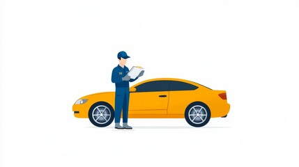Fototapeta premium A man in a blue uniform is standing next to a yellow car