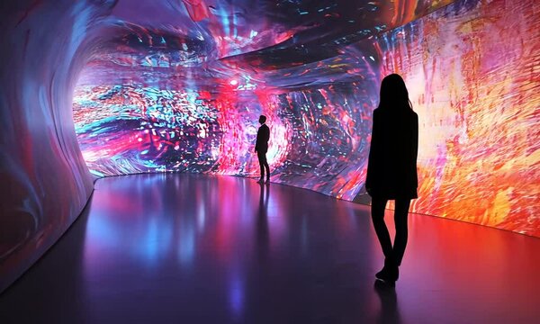 A vibrant, immersive art installation with colorful light projections and abstract forms.