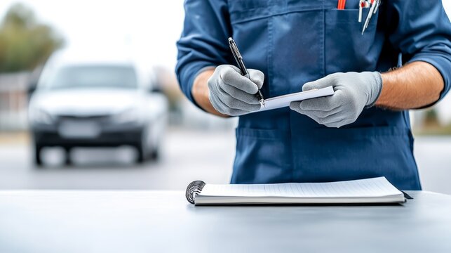 A man in a blue uniform is writing on a piece of paper