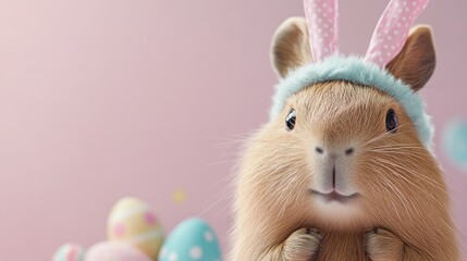 Cute and Funny Easter Banner with Adorable Capybara Wearing Bunny Ears Surrounded by Painted Eggs with Copy Space.