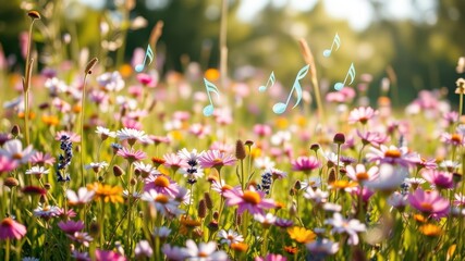 Serene meadow brimming with colorful wildflowers and whimsical musical notes floating gently in the summer sunlight.