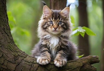A Maine Coon kitten perched on a branch in a forest setting