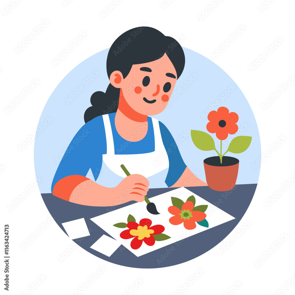 Wall mural A flat illustration of a woman painting flowers on paper 