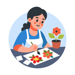A flat illustration of a woman painting flowers on paper 