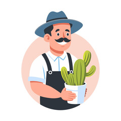 A flat illustration of mexican gardener holding cactus plant 